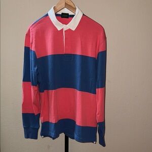 J. Crew Coral and Navy Colorblocked Striped Rugby Shirt Men’s Size M